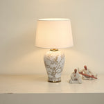 Avian Floral Ceramic Table Lamp with Beige Fabric Shade for Living Room & Bedroom