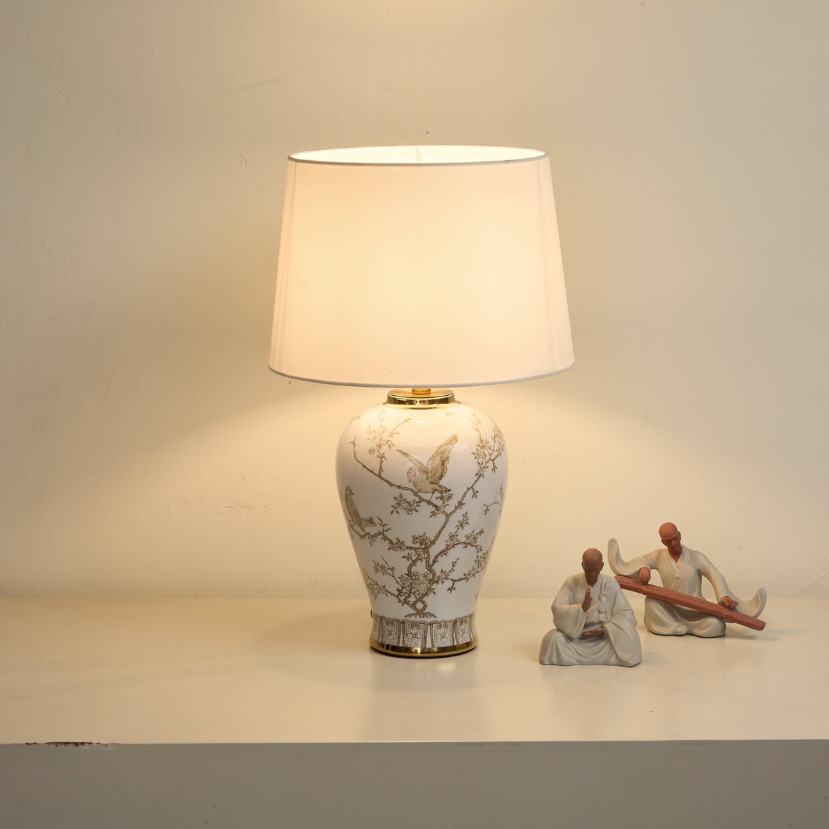 Avian Floral Ceramic Table Lamp with Beige Fabric Shade for Living Room & Bedroom