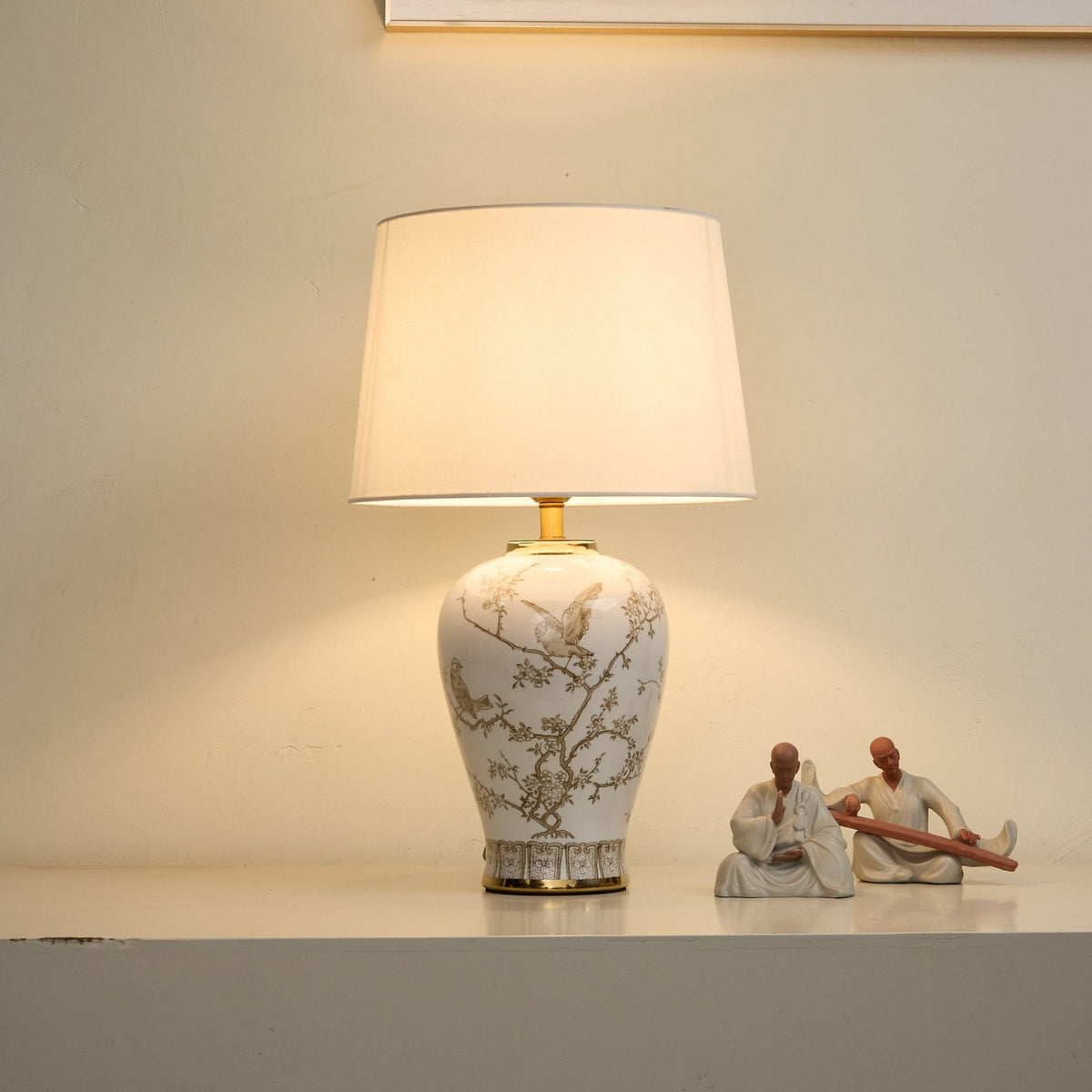 Avian Floral Ceramic Table Lamp with Beige Fabric Shade for Living Room & Bedroom