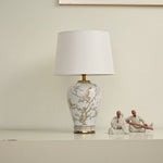 Avian Floral Ceramic Table Lamp with Beige Fabric Shade for Living Room & Bedroom