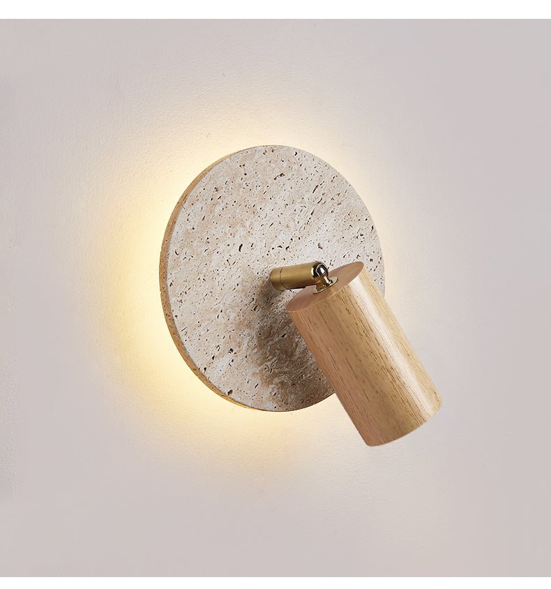 Axis Spot Sconce Wall Light in Travertine and Wood