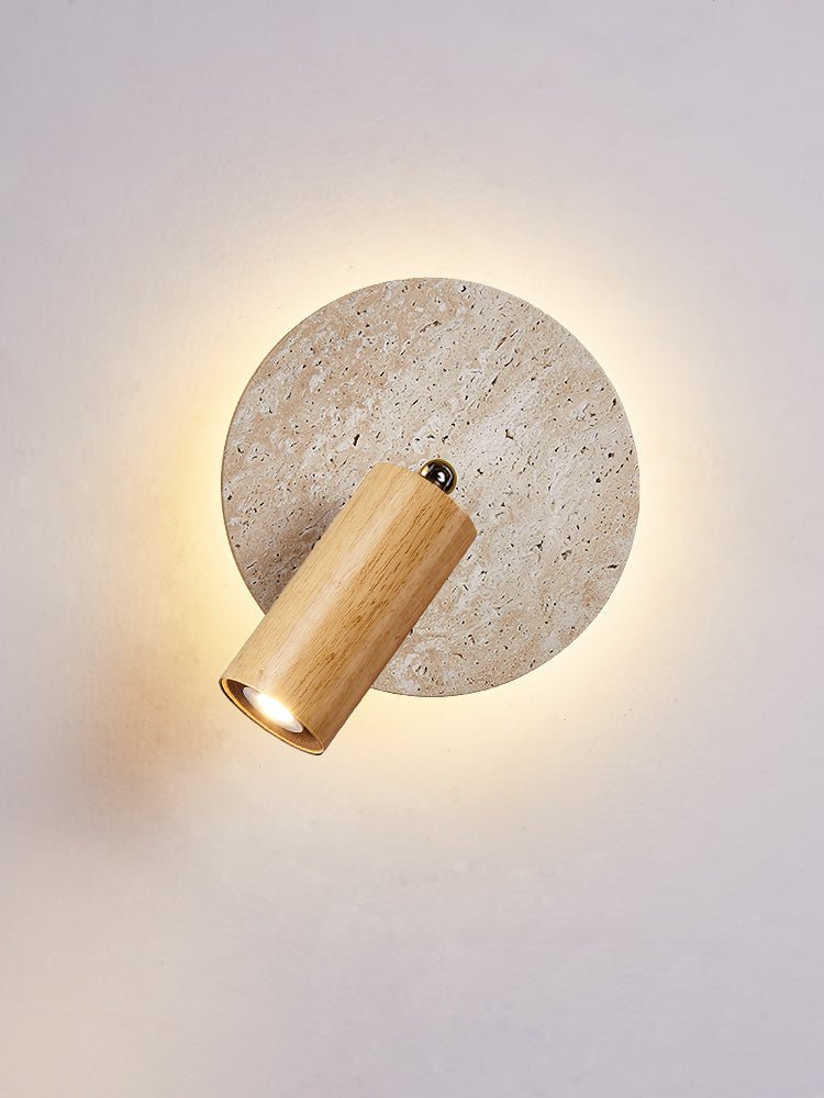 Axis Spot Sconce Wall Light in Travertine and Wood