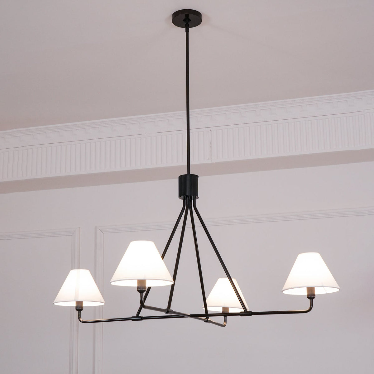 Axis Modern Linear Chandelier in Brass and Black for Dining Room and Living Room