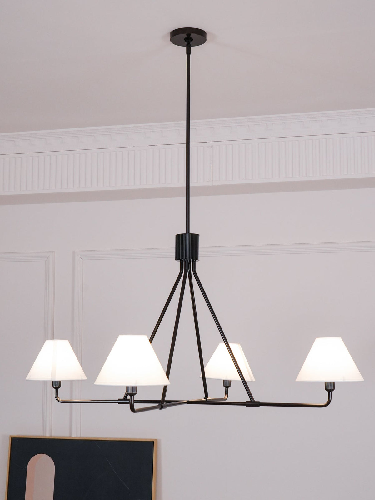 Axis Modern Linear Chandelier in Brass and Black for Dining Room and Living Room