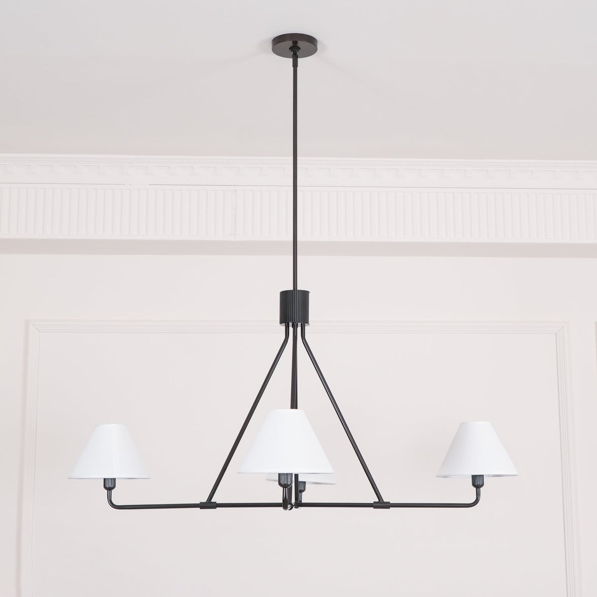 Axis Modern Linear Chandelier in Brass and Black for Dining Room and Living Room