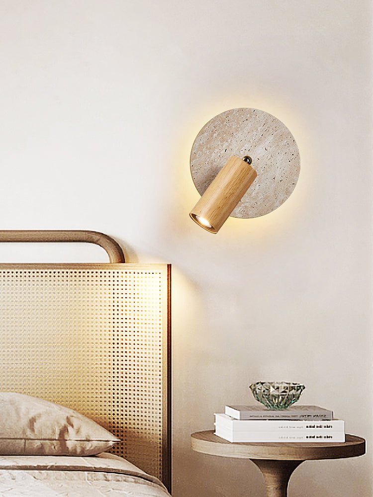 Axis Spot Sconce Wall Light in Travertine and Wood