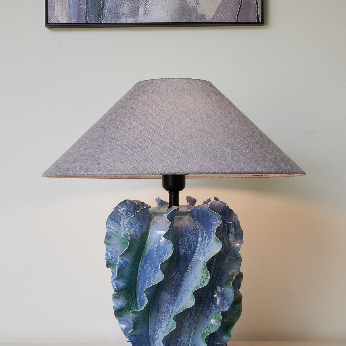 Azure Wave Sculptural Ceramic Table Lamp with Linen Shade