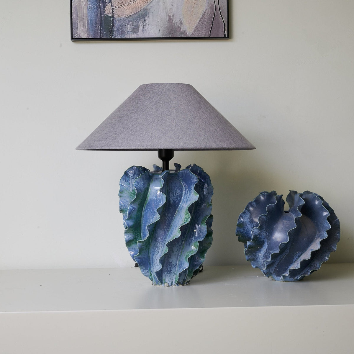 Azure Wave Sculptural Ceramic Table Lamp with Linen Shade