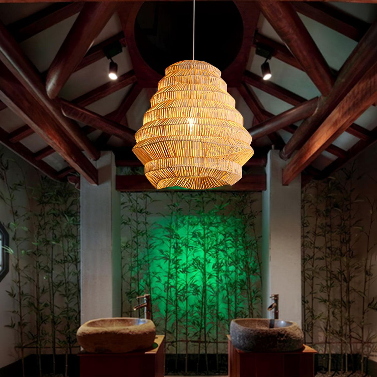 Artisan Bamboo Spiral Pendant Light, Handwoven Natural Shade for Dining & Living Areas
