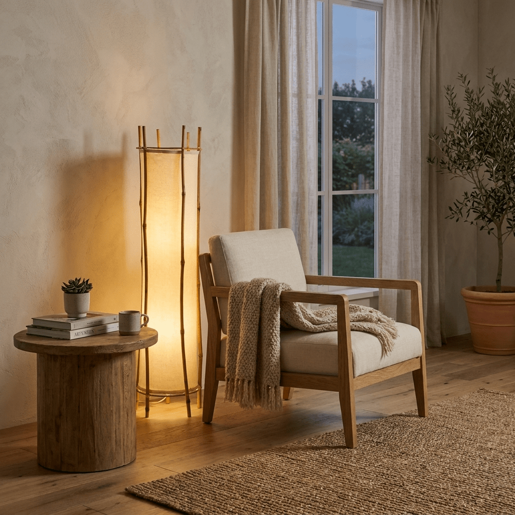 Bamboo Veil Lantern Floor Lamp – Natural Bamboo & Fabric Ambient Light for Living Room, Bedroom