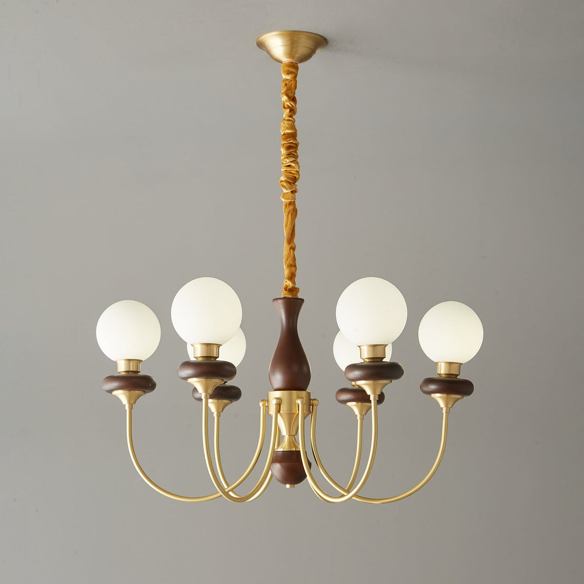 Bellagio Arc Chandelier — Modern Brass & Wood Designer Pendant Light