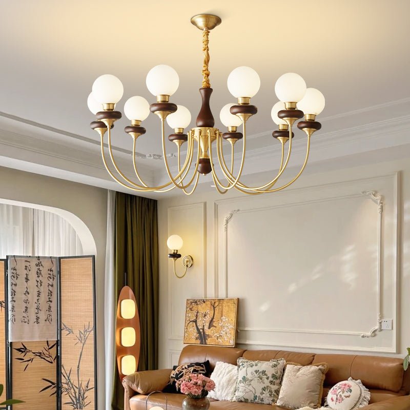 Bellagio Arc Chandelier — Modern Brass & Wood Designer Pendant Light
