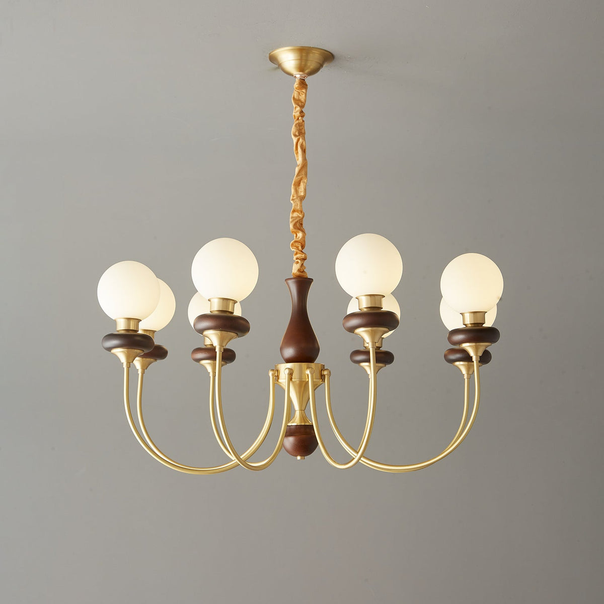 Bellagio Arc Chandelier — Modern Brass & Wood Designer Pendant Light