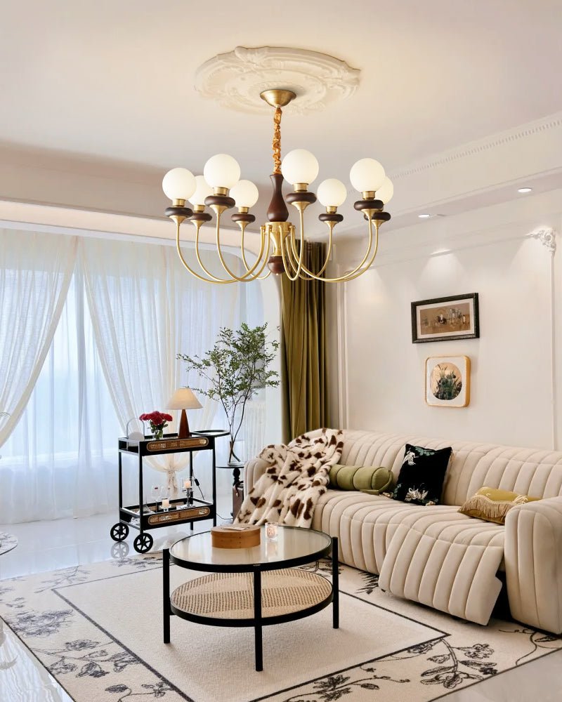 Bellagio Arc Chandelier — Modern Brass & Wood Designer Pendant Light