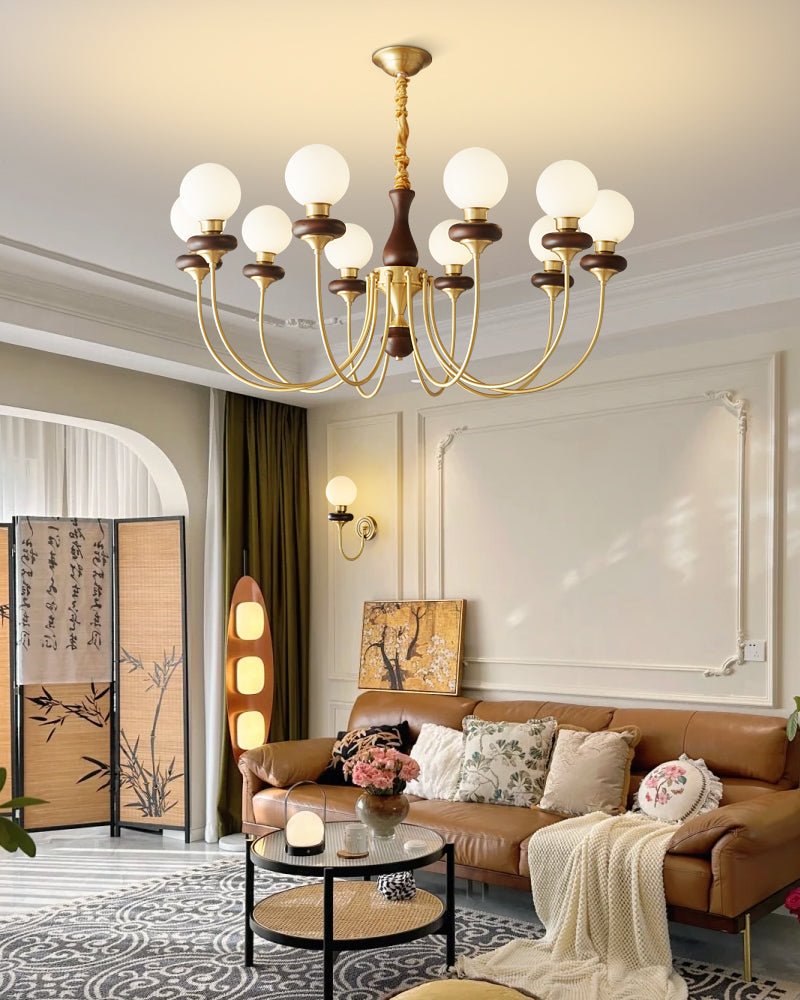 Bellagio Arc Chandelier — Modern Brass & Wood Designer Pendant Light