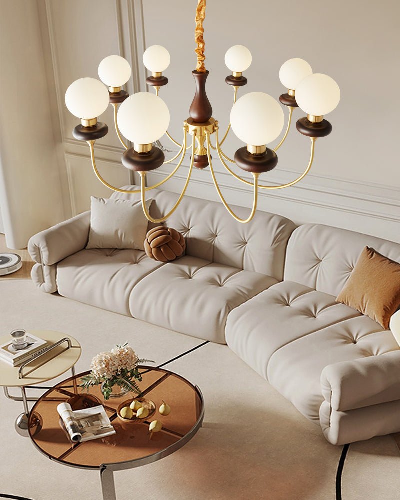 Bellagio Arc Chandelier — Modern Brass & Wood Designer Pendant Light