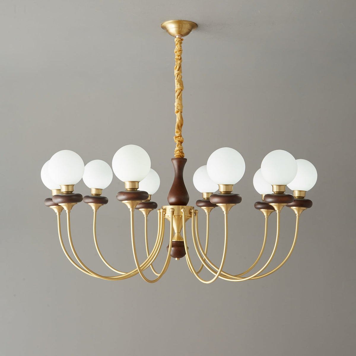 Bellagio Arc Chandelier — Modern Brass & Wood Designer Pendant Light