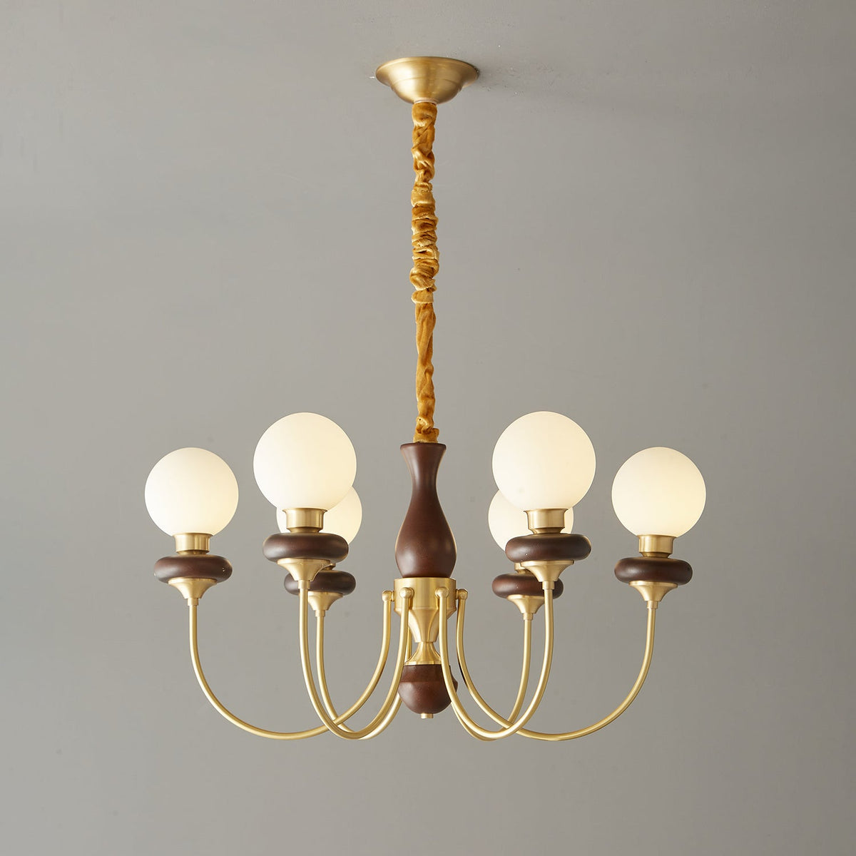 Bellagio Arc Chandelier — Modern Brass & Wood Designer Pendant Light