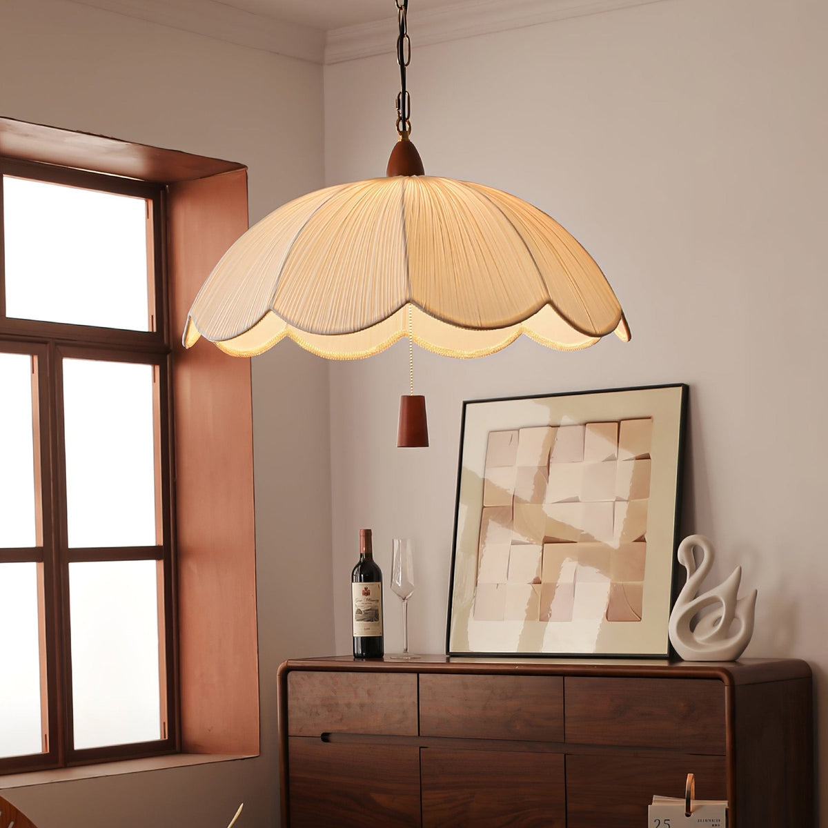 Belle Bloom Fabric Pendant Light with Walnut Accent, Scalloped Pleated Shade