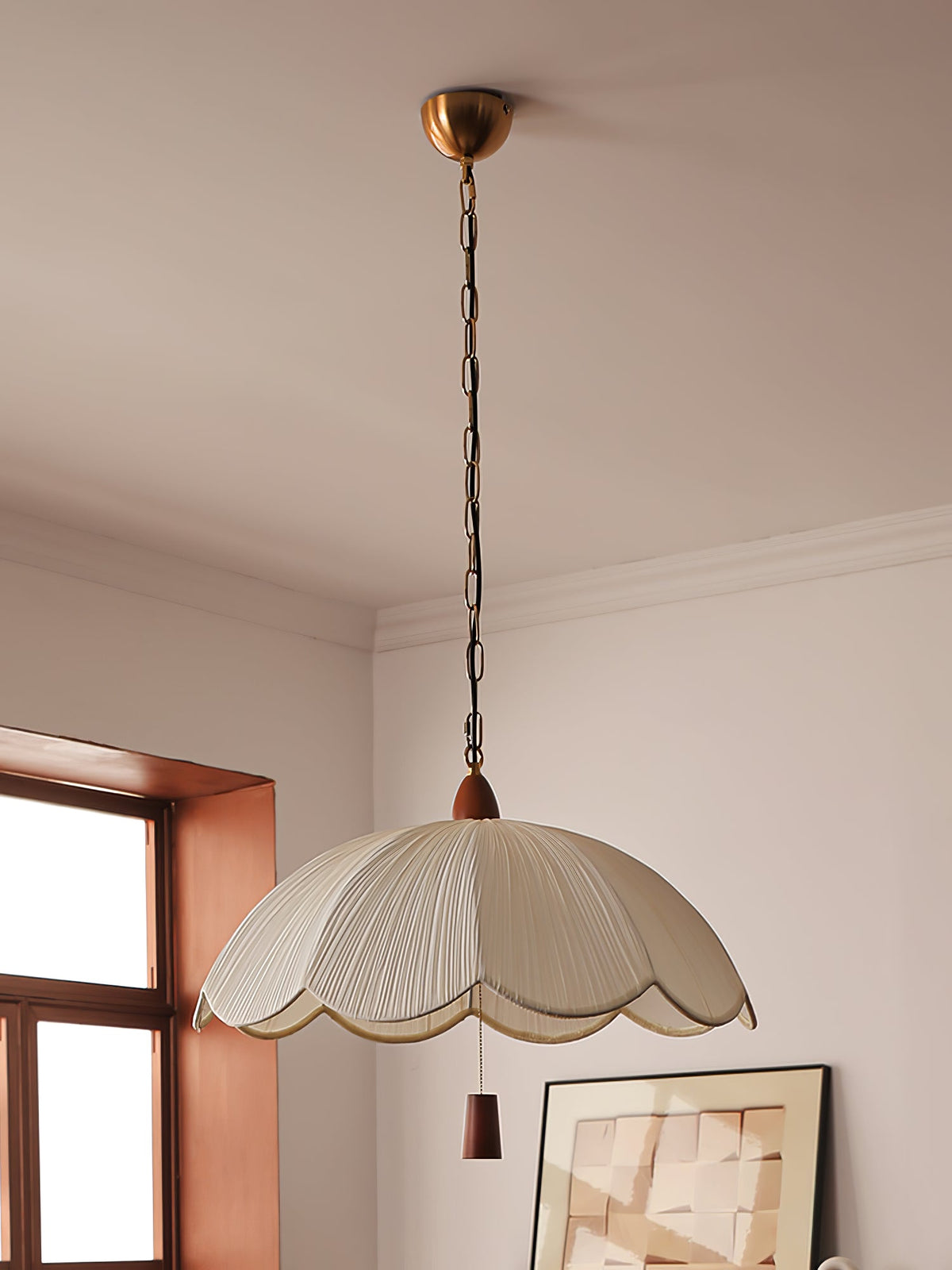 Belle Bloom Fabric Pendant Light with Walnut Accent, Scalloped Pleated Shade