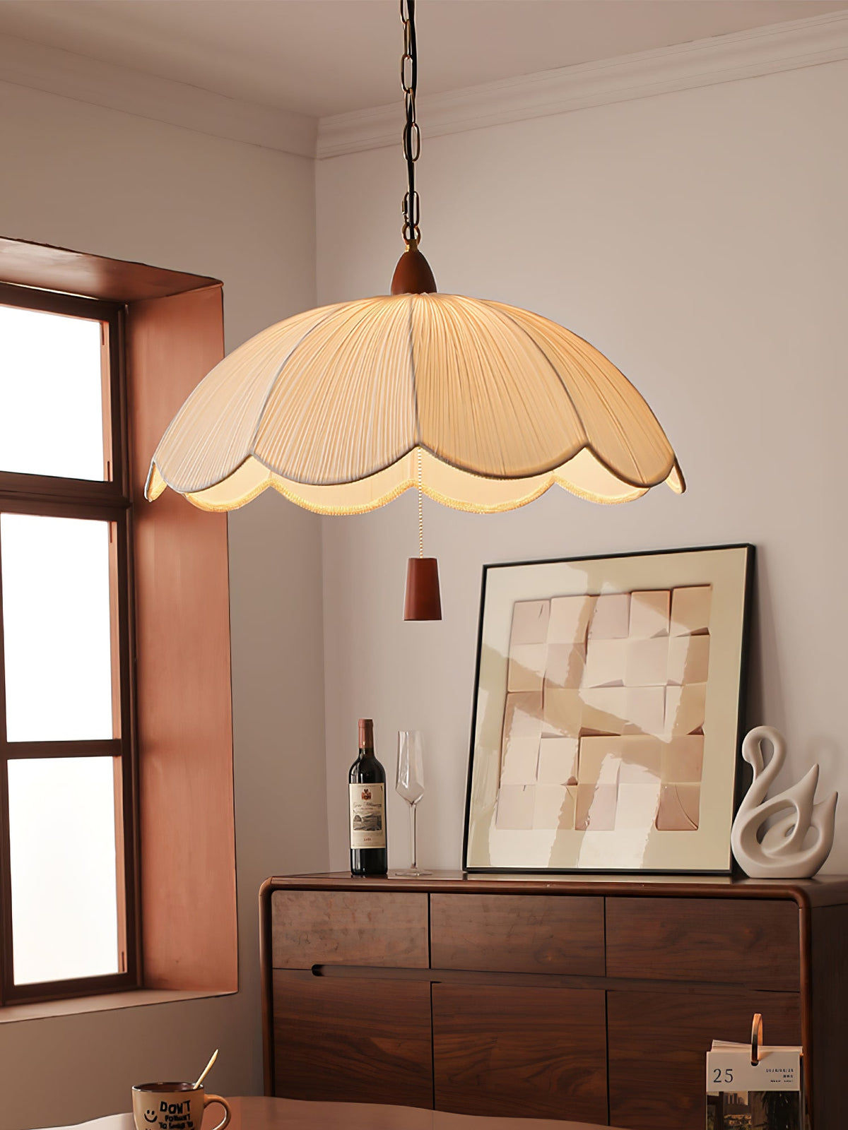 Belle Bloom Fabric Pendant Light with Walnut Accent, Scalloped Pleated Shade