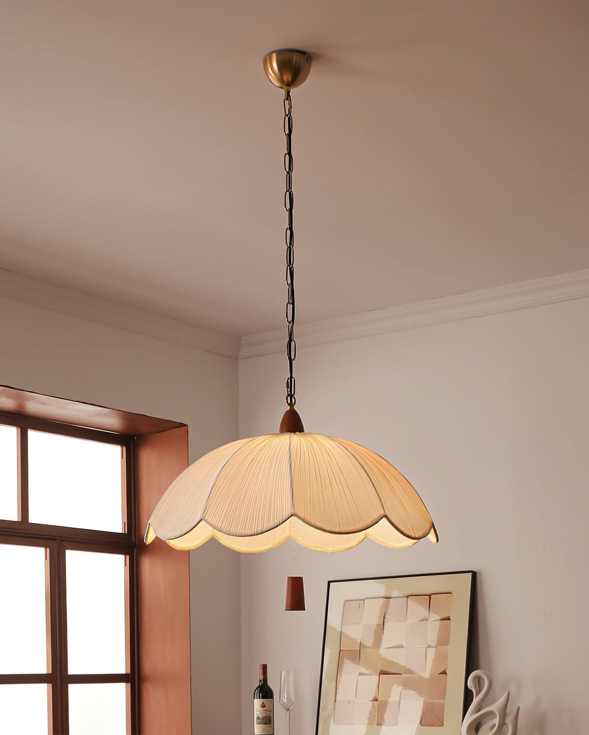 Belle Bloom Fabric Pendant Light with Walnut Accent, Scalloped Pleated Shade