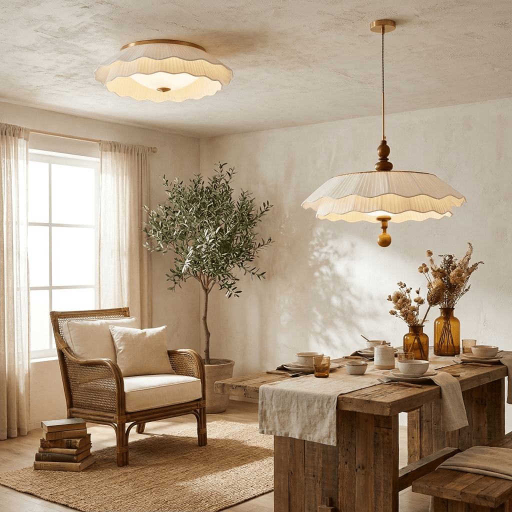 Belle Epoque Pleated Flush Mount Ceiling Light in Walnut and White