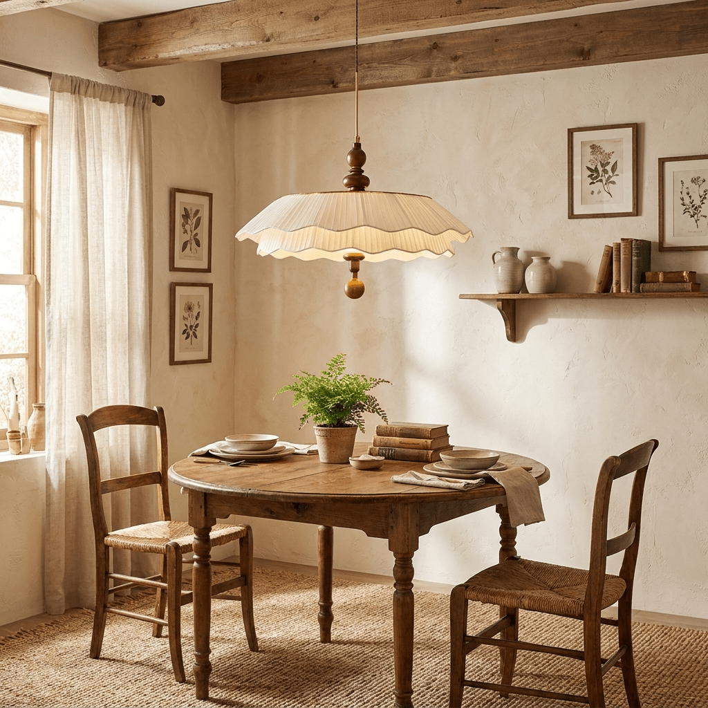 Belle Epoque Pleated Fabric Pendant Light with Wood Accents