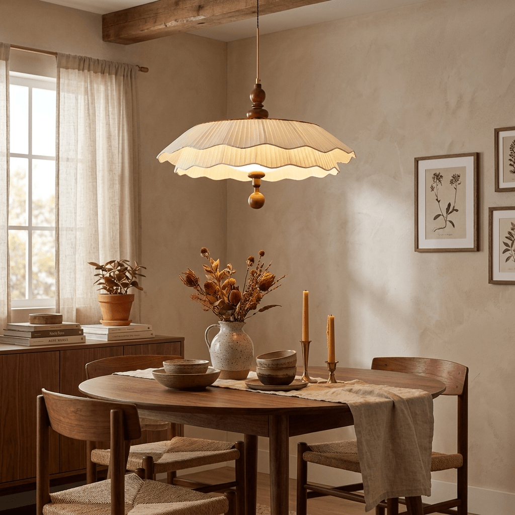 Belle Epoque Pleated Fabric Pendant Light with Wood Accents