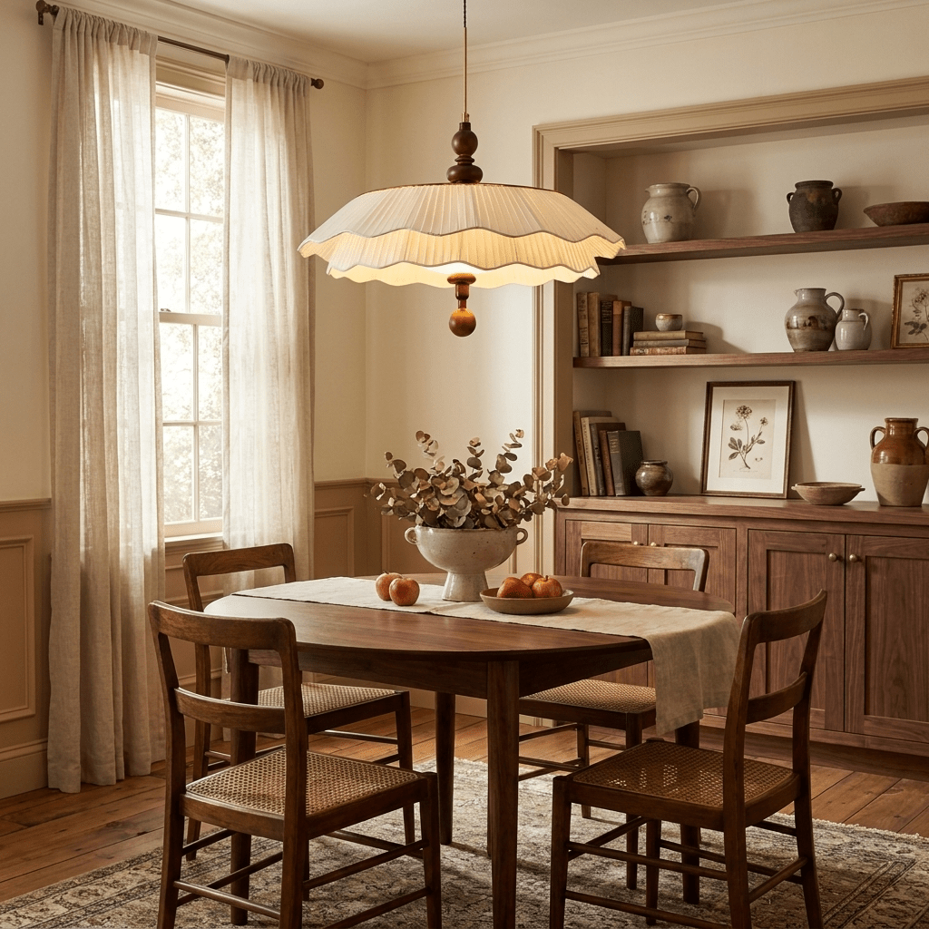 Belle Epoque Pleated Fabric Pendant Light with Wood Accents