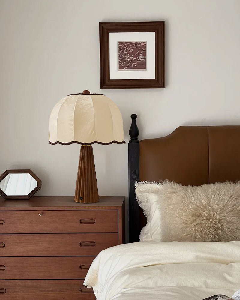 Bellina Table Lamp with Scalloped Fabric Shade and Walnut Wood Base