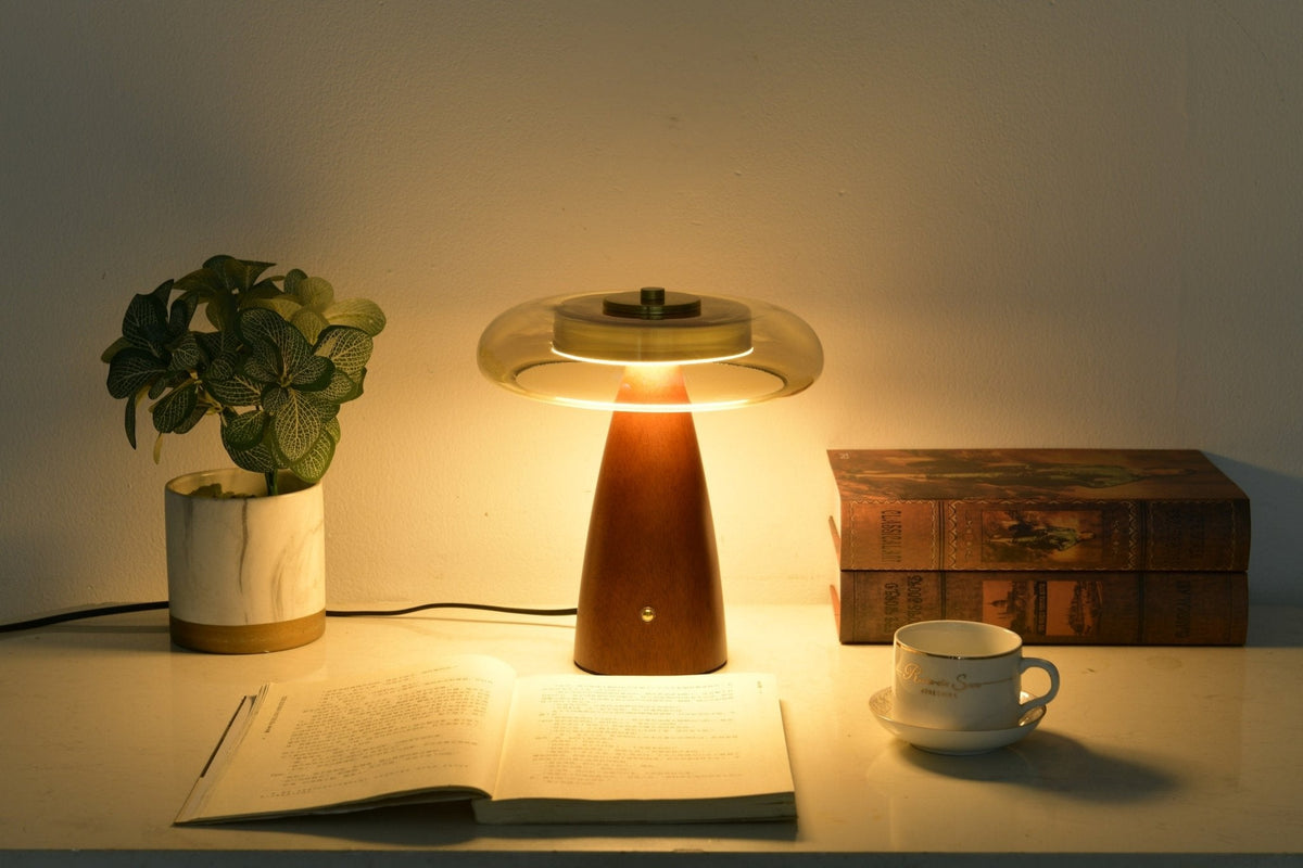 Belluno Sculptural Wooden Table Lamp with Glass Shade