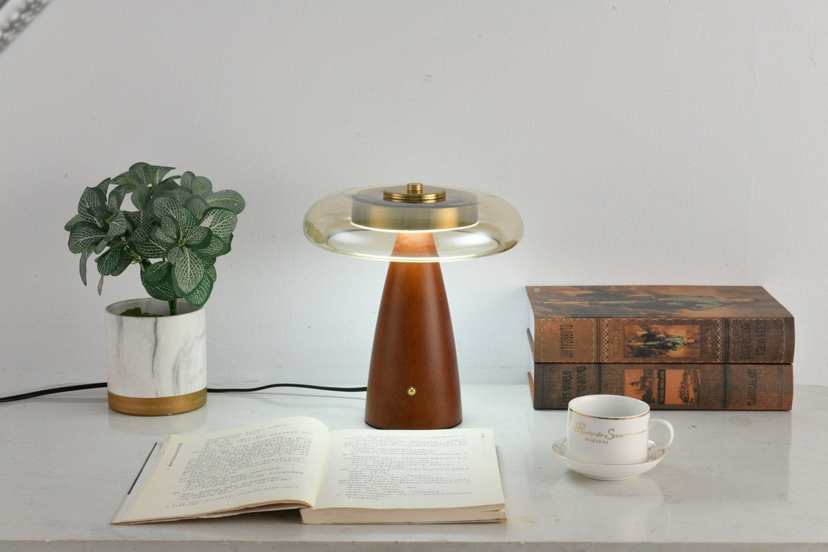 Belluno Sculptural Wooden Table Lamp with Glass Shade