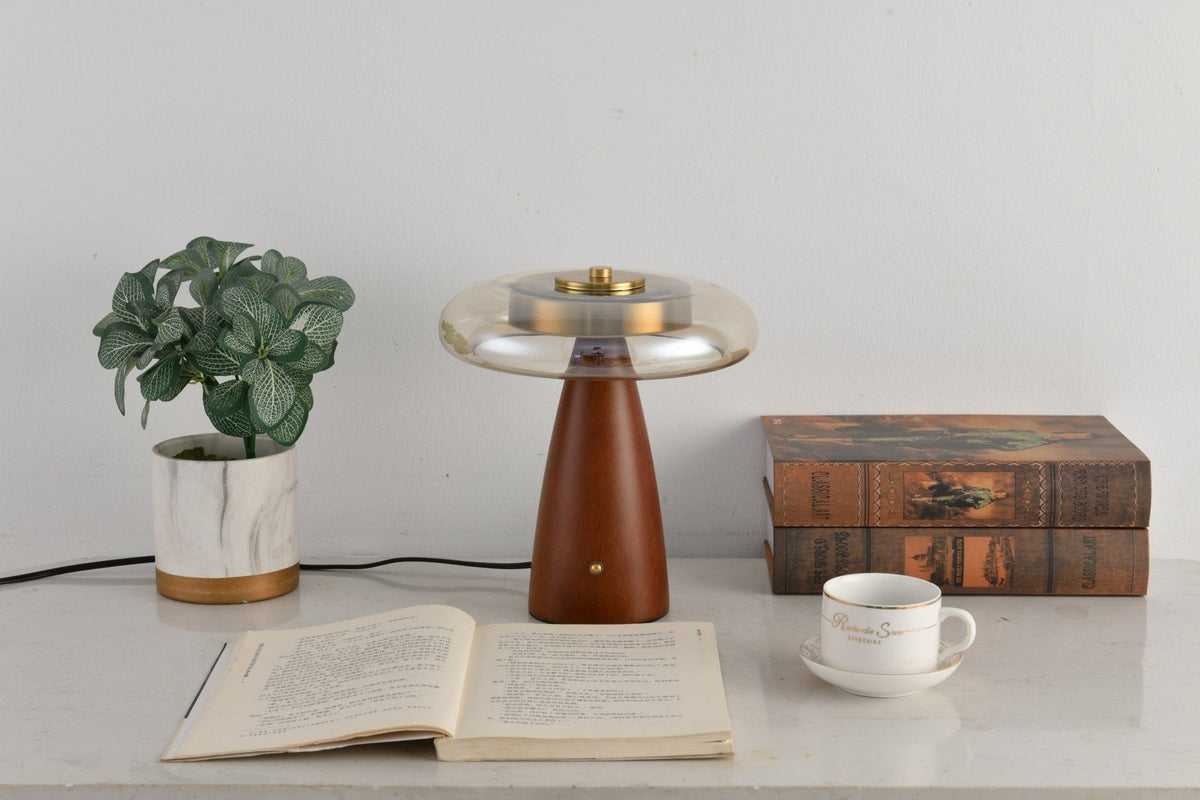 Belluno Sculptural Wooden Table Lamp with Glass Shade