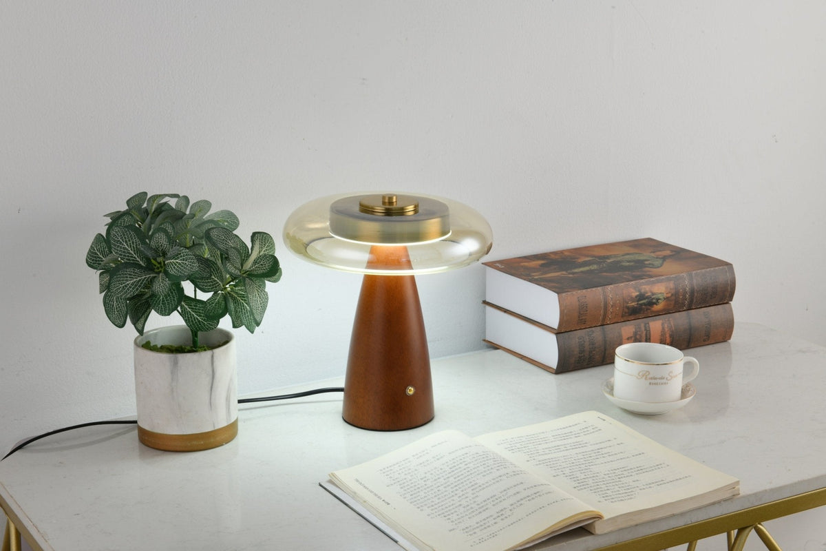 Belluno Sculptural Wooden Table Lamp with Glass Shade
