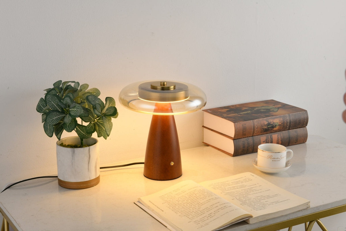 Belluno Sculptural Wooden Table Lamp with Glass Shade