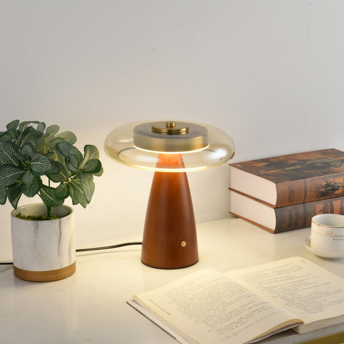 Belluno Sculptural Wooden Table Lamp with Glass Shade