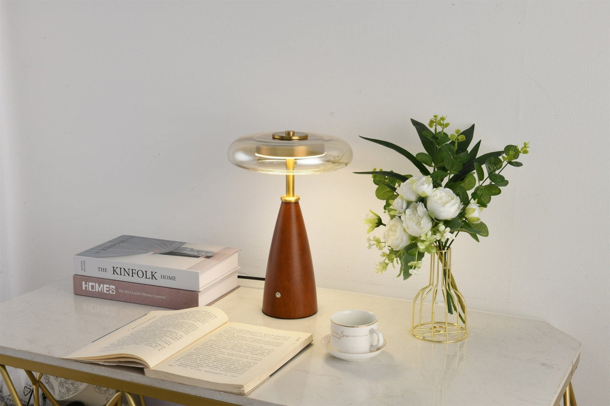 Belluno Sculptural Wooden Table Lamp with Glass Shade