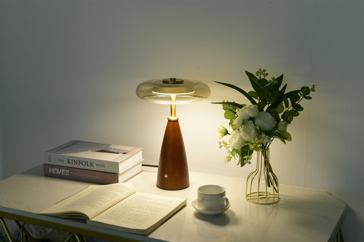 Belluno Sculptural Wooden Table Lamp with Glass Shade