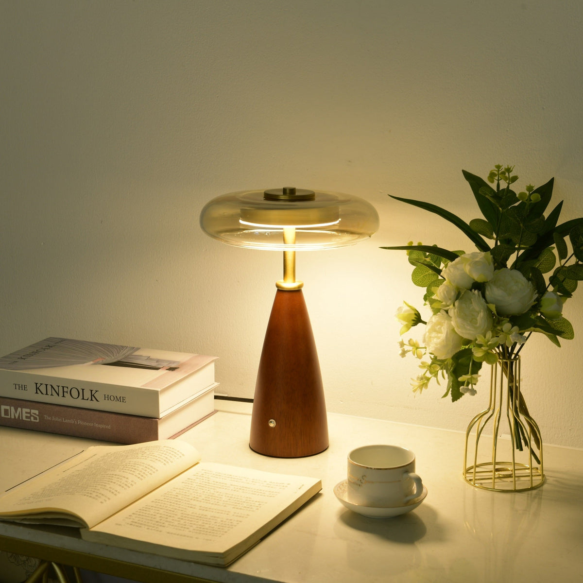 Belluno Sculptural Wooden Table Lamp with Glass Shade
