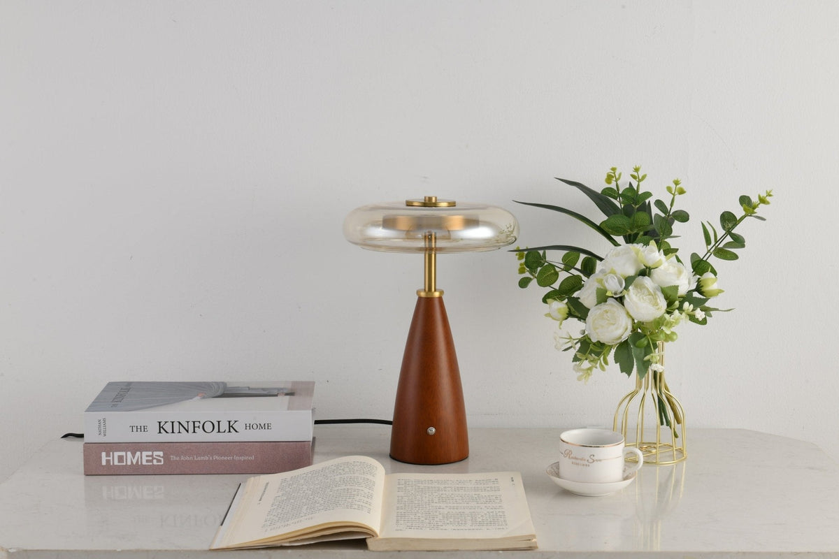 Belluno Sculptural Wooden Table Lamp with Glass Shade