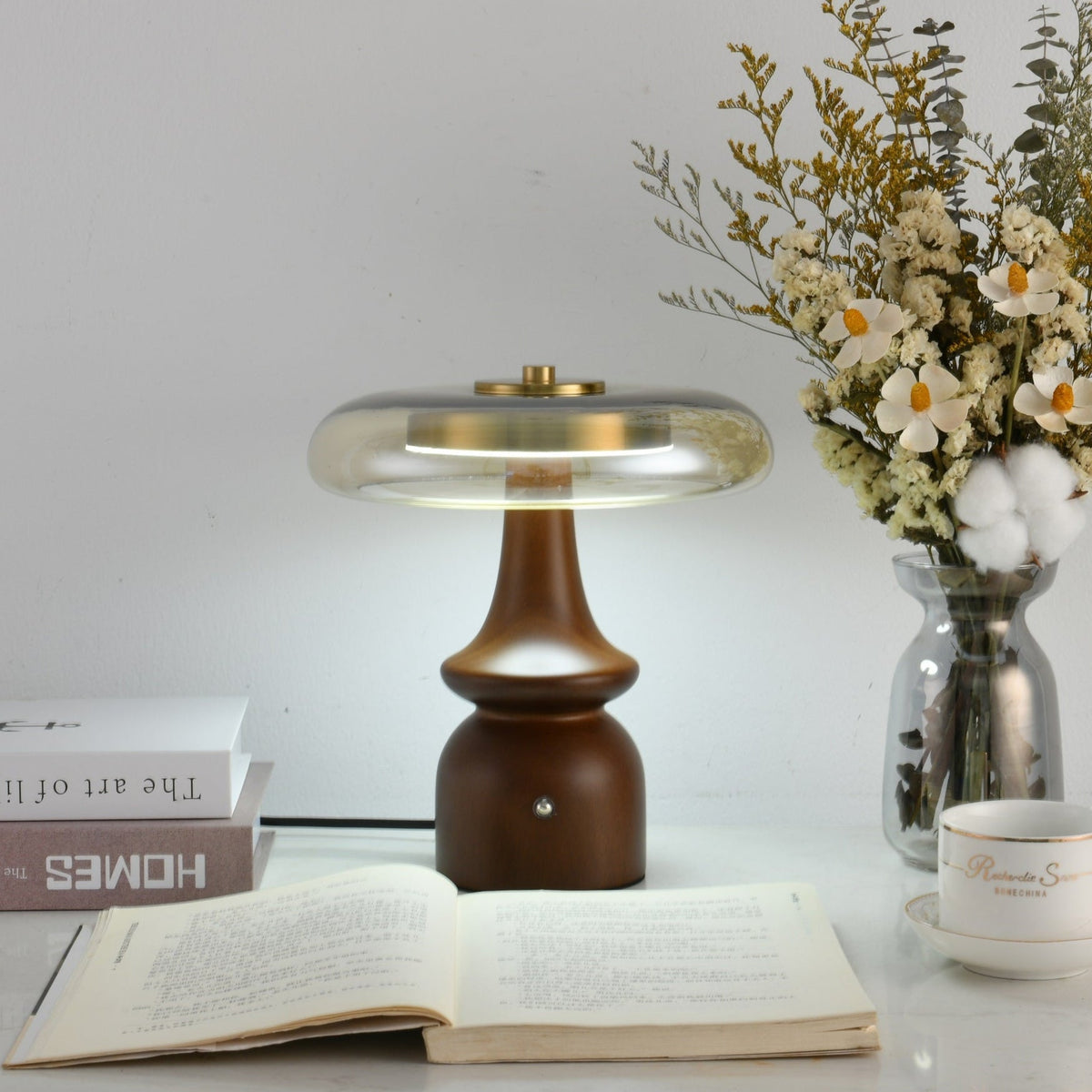 Belluno Sculptural Wooden Table Lamp with Glass Shade