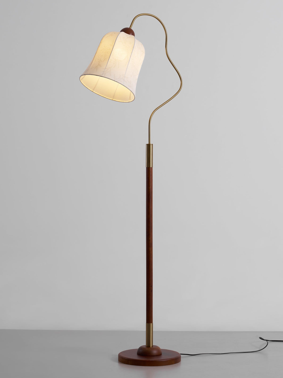 Bellvine Floor Lamp – Curved Brass & Walnut Wood with Floral Fabric Shade