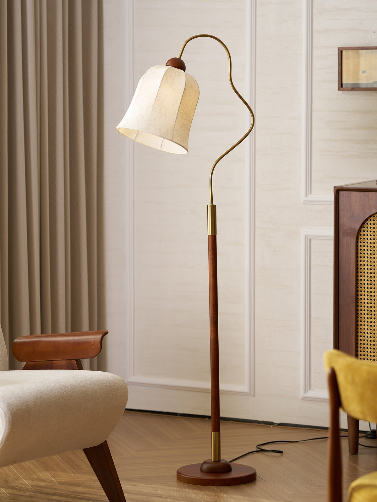 Bellvine Floor Lamp – Curved Brass & Walnut Wood with Floral Fabric Shade