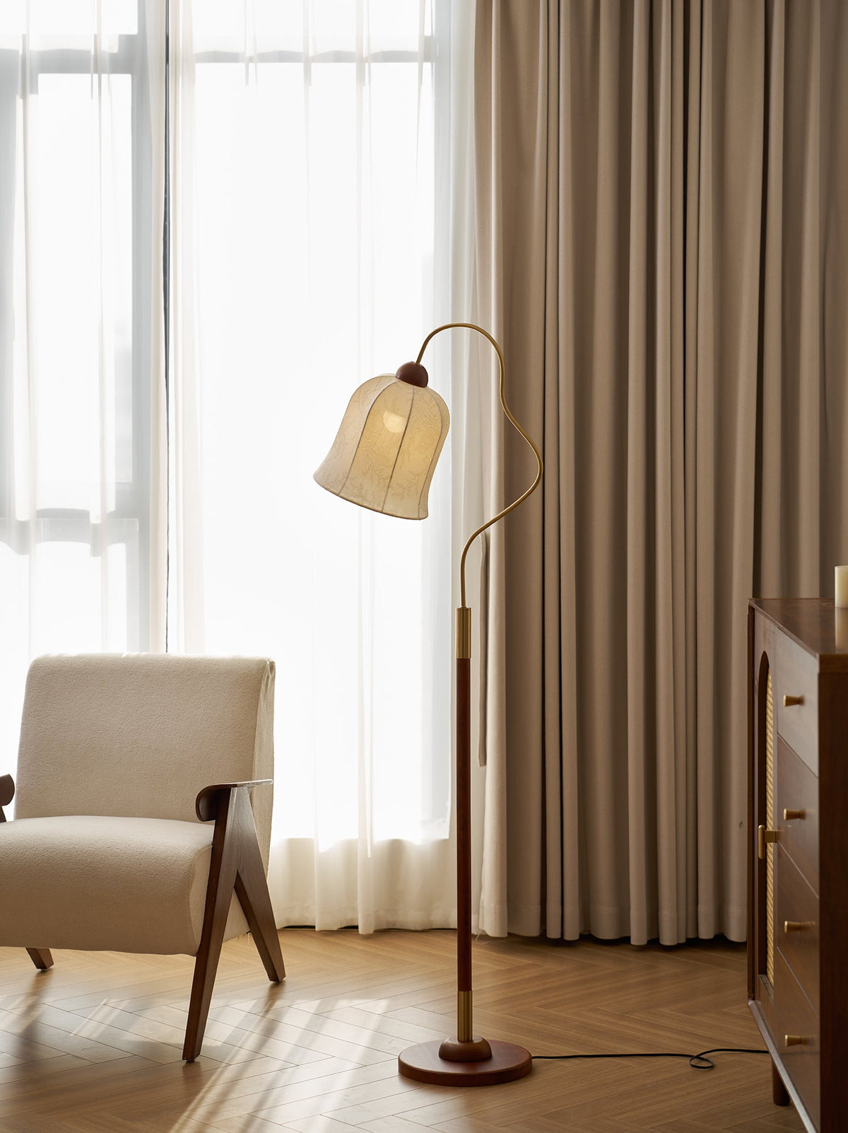 Bellvine Floor Lamp – Curved Brass & Walnut Wood with Floral Fabric Shade