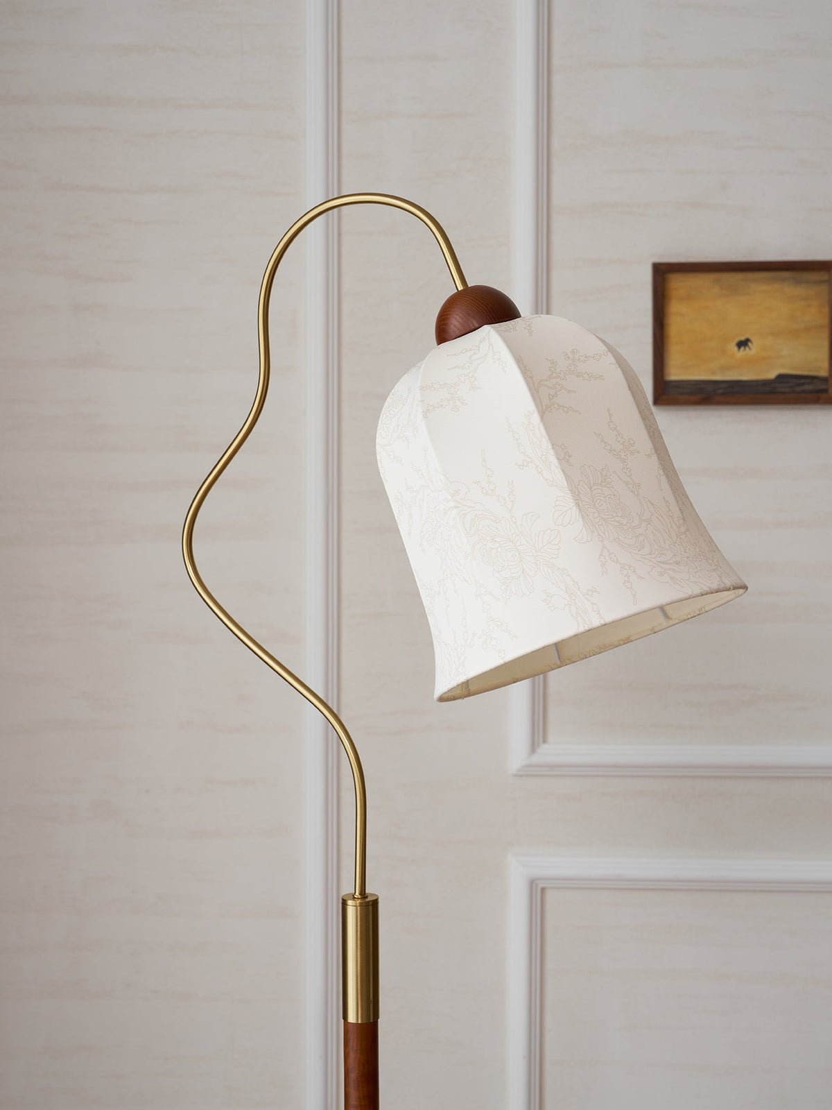 Bellvine Floor Lamp – Curved Brass & Walnut Wood with Floral Fabric Shade