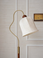 Bellvine Floor Lamp – Curved Brass & Walnut Wood with Floral Fabric Shade