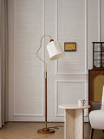 Bellvine Floor Lamp – Curved Brass & Walnut Wood with Floral Fabric Shade