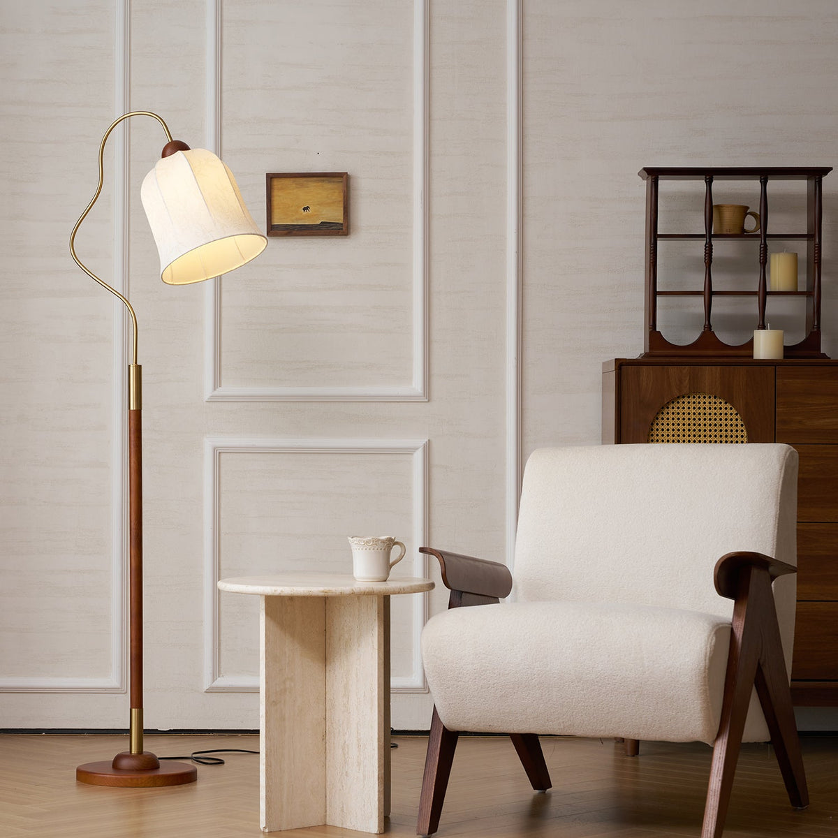 Bellvine Floor Lamp – Curved Brass & Walnut Wood with Floral Fabric Shade