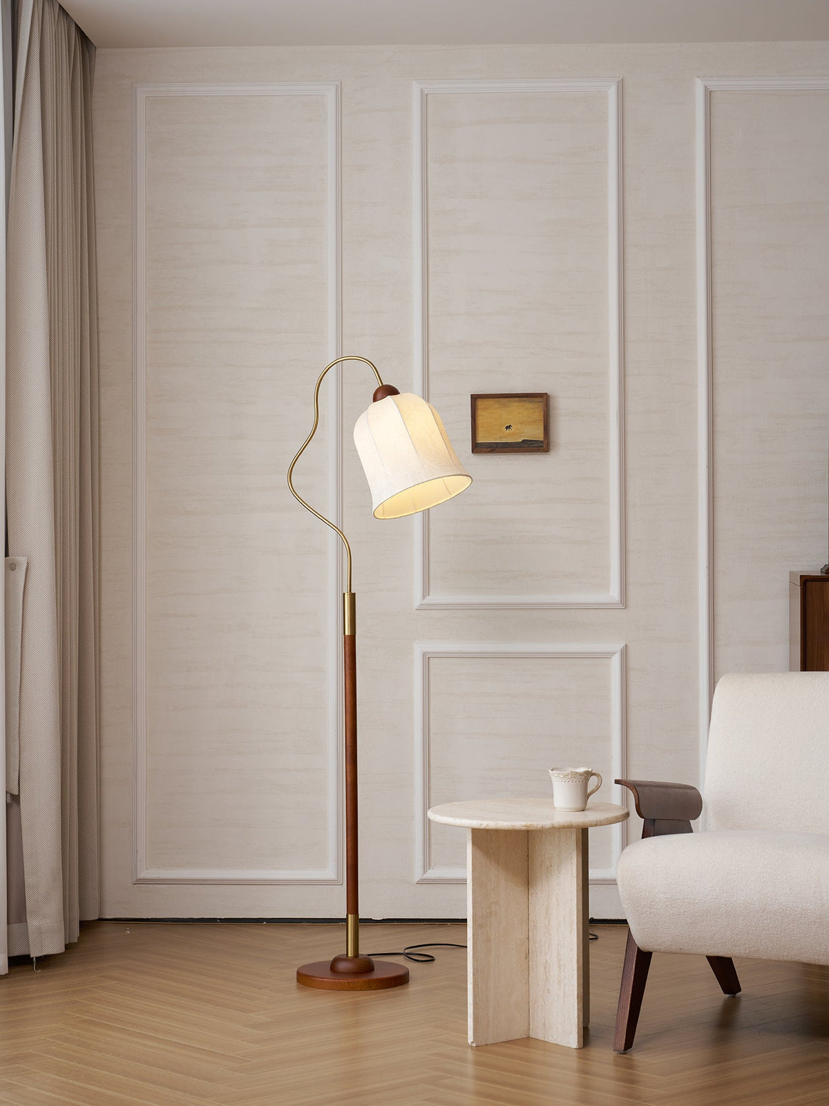 Bellvine Floor Lamp – Curved Brass & Walnut Wood with Floral Fabric Shade